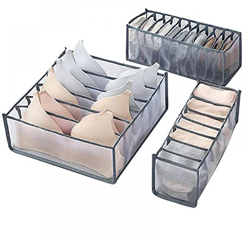 Coyanyu 3 Piezas Organizador Ropa Interior Cajones, Plegable Almacenamiento Cajón Armario Organizadores Caja Separadores de Separación de Malla para Sujetadores, Calcetines, Corbatas Gris