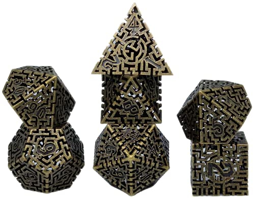 World of Dice - Premium-Würfelset - edle Pen and Paper Würfel, Metallwürfel mit Labyrinth, 7-teilige Set für Dungeons and Dragons (D&D), DSA, und vieles mehr (Brass Antique)
