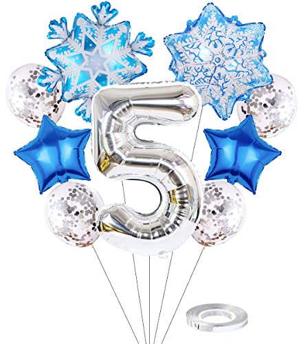 Liitata 5. Frozen Födelsedagsdekoration flicka, frost, luftballong, set med 5 folieballong, silver, stora snöflingor, luftballong, Mylar, ballong, konfetti, latexballong för barn, flickor,