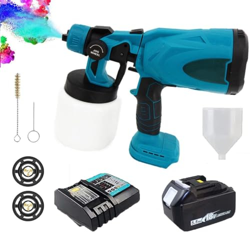 Akku Farbsprühsystem, Ersatz für Makita mit 1x5500mAh Akku und DC18RC Ladegerät, Lackierpistole zum Streichen von Wänden, Decken, Möbel, Gartenzaun, Sprühgerät 800ml Abnehmbarer Behälter Blau