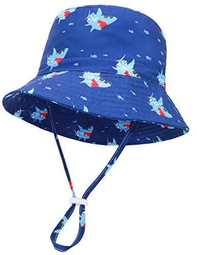 Jupsk Kids Sun Hat, Waterproof Summer Bucket Hat Beach Sunhat UPF 50+ Sun Protection Adventure Safari Hat with Cartoon Shark Pattern, Adjustable Outdoor Play Hat for Baby Girls Boys