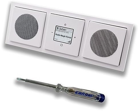Busch Jäger iNet Internet Unterputz Radio 8216U Future Linear Studioweiß, Set mit 2 x Lautsprecher, Abdeckungen, Rahmen + EBROM Phasenprüfer zur Montage der Geräte - 8216 U Internetradio