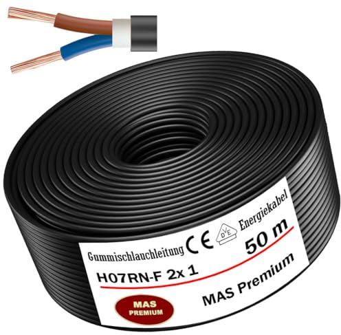 MAS Premium 5-500m Gummischlauchleitung Energiekabel Baustellenkabel H07RN-F 1x 1,5, 4, 6, 10, 16, 25, 35, 50 und 2x1 Flexibel Leitung für schweren Geräten (H07RN-F 2x1 mm², 50m)