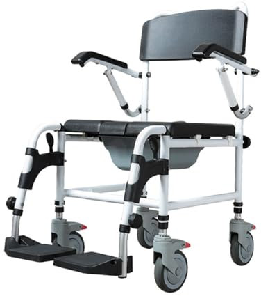 SYALEO Cómoda de Ducha de Aluminio Silla de Ruedas con Brazos abatibles y Orinal Cómoda Junto a la Cama 4 en 1 Silla de Inodoro con Ruedas Ajustable en Altura con 4 Ruedas de Freno