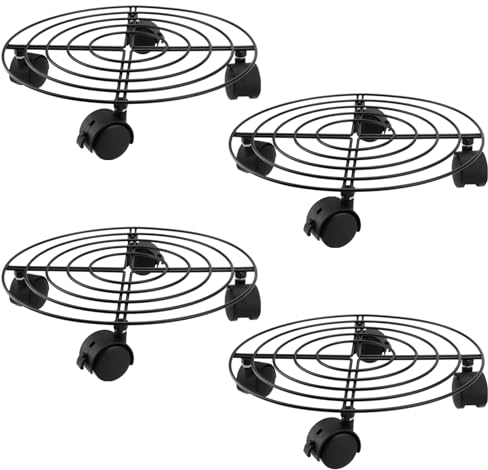 MAHIONG 4 Pack 27cm Plant Caddy, 10 Inch Round Metal Plant Stand with Wheels, Flower Pot Trolley Holder with Swivel Casters for Indoor Outdoor Use
