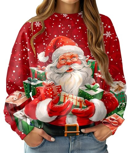 RAISEVERN Noël Sweatshirts Femmes Ugly Manches Longues Drôle Divertidas Sweat Horteras Personalizadas Père Noël Flocons de Neige Rouge, M