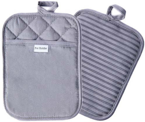 Topflappen aus 100% Baumwolle mit Silikon, für Küche, Alltag, hitzebeständig, Untersetzer, Topflappen, Ofenhandschuhe mit Tasche zum Kochen und Backen (Grau)