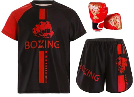 RUNQHUI Boxning outfit för barn pojke T-shirt + shorts + Muay Thai MMA kickboxing handskar, Färg: röd, 7-8 år