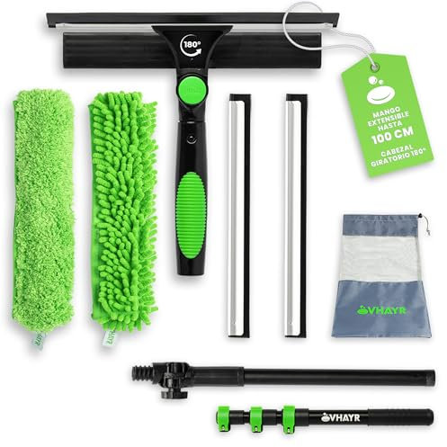 VHAYR Limpiador de Cristales Telescópico 110cm | Limpia Cristales Profesional de Doble Función | Rasqueta Limpiacristales de Caucho | Recambios de Microfibra y Chenilla