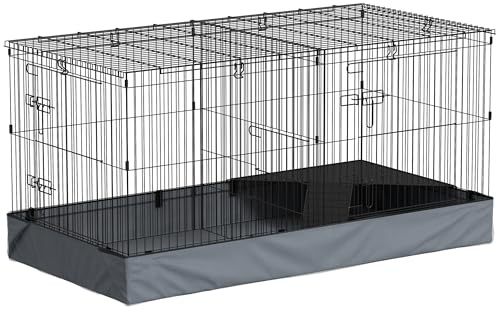 PawHut 2 in 1 Guinea Pig and Rabbit Cage With Removable Top, 2 Separate Areas, Waterproof Oxford Fabric Floor, Perch, Ramp - Small Animal Playpen for Bunnies, Hedgehogs, Black