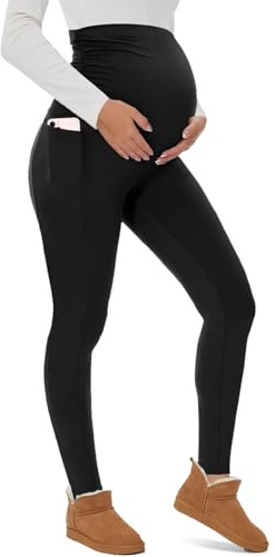 CheChury Leggings Premaman Donna a Vita Alta con Tasche Opachi Leggings Lunghi Donna Elasticizzati e Comodo Leggins in Pile Caldi Donne Invernali Pantalone Premaman Basic Pantaloni per Gravidanza