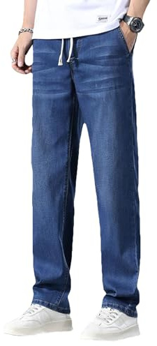 Jamron Hombre Verano Vaqueros Finos y Ligeros de Lyocell Pantalones Vaqueros de Cintura Elástica y Pierna Recta con Cordón Ajustable