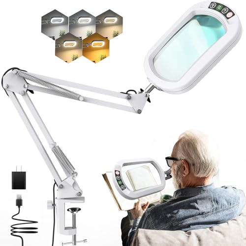 10 x förstoringsglas med ljus och klämma, äkta glas stativbelysning förstoringsglas, 5 färglägen och steglös dimbarhet LED skrivbord handsfree för hantverk hobbyer läsning målning sömnad och