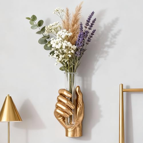 Gold Wall Hand Vase,Vintage Art Decor,Life-Size Hand Sculpture with Glass Test Tube Vase,Unique Wall Art Statue for Indoor or Outdoor,Maximalist Boho Whimsical Decor, for Women