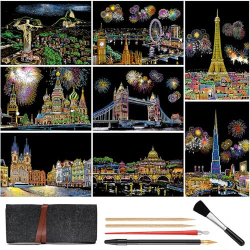 Scratch Art for Adults Teens: Colorful City Series Scratch Book with Rainbow Painting Night View | 8 Sheets A4 Scratchboard Cards, 5 Tools, Scratch and Sketch Foil Engraving Art(Landmark Building)