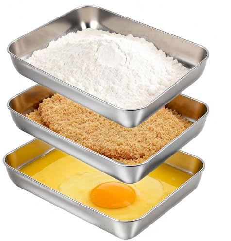 VINATO Breading Strait Set of 3 Stainless Steel Breading Bowls Set for Cutlets, Stainless Steel Bowl Rectangular for Fish, Meat and Vegetables