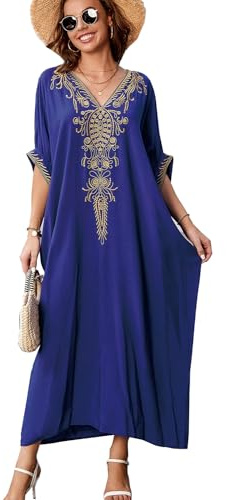 YOUKD Coton D'été Brodé Floral Lâche Caftan Boho Beach Bikini Cover Up Dress Grande Taille Robe pour Les Femmes