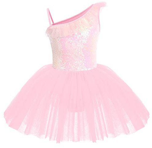 IWEMEK Little Big Girls Sequins Leotard Tutu Ballet Dress Sleeveless Ruffled One Shoulder Gymnastics One Piece Kids Dancewear Camisole Skirt Skating Ballerina Performance Costume Pink 5-6 Years