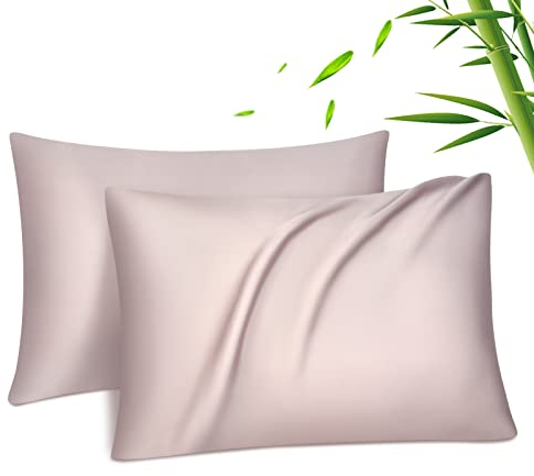 Fittia 2er-Set Lyocell Bambus Kissenbezug Bambusfaser Kopfkissenbezug Kissenhülle Seidig weichkühlend atmungsaktiv mit verdecktem Reißverschluss, Rosebeige, 40x60cm