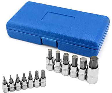 QWORK 13 piezas Juego de llaves de vaso hexagonales, entrada 1/4(6.35mm), 3/8(10mm), 1/2(12.5mm), acero al cromo vanadio, 2 mm - 14 mm