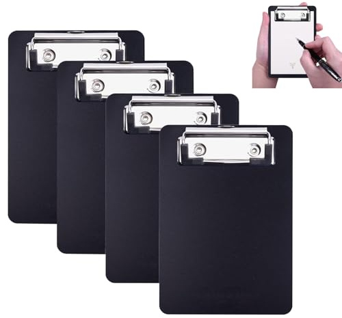 AZWOOD Mini porte-bloc 10 x 15 cm en plastique - Petit porte-bloc avec porte-stylo pour bloc-notes, reçus, listes de poche (noir, 4 pièces)