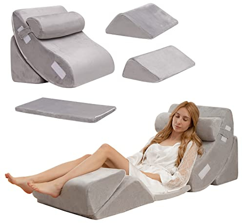 COSTWAY Almohada de Cuña para la Cama de 6 Piezas, Juego de Almohadas de Espuma de Memoria para Aliviar el Dolor de Cuerpo, Almohada de Soporte de Espalda Cómoda Ajustable y Extraíble, Gris