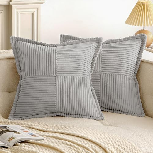 EMEMA Kordsamt Kissenbezüge Weich Dekokissen Dekorativ Kissenbezug 45x45 cm Kissenhülle Sofakissen Zierkissen Couchkissen 2er Set für Wohnzimmer Schlafzimmer Hellgrau