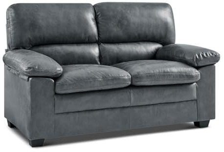Bravich Oxford Faux Leather Sofa, 2 Seater Sofa, Two Seat Compact Couch for Living Room, Easy Wipe Clean, Solid Wood Frame, Dark Grey