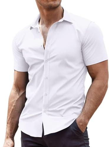 COOFANDY Camisa de Hombre de Manga Corta Camisa de Verano Camisa de Negocios Camisa de Hombre Camisa de Manga Corta Camisa de Ocio Camisas Elásticas de Hombre Camisa de Manga Corta XS-4XL, Blanco, L