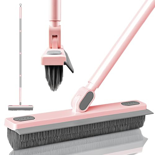 KZKR Floor Scrub Brush With Squeegee, Grout Brush With Telescopic Long Handle, V-Shape Floor Scrubber With Scrape Stiff Bristle for Shower Tile Grout Cleaning, Kitchen Bathroom Baseboard Deck Tool