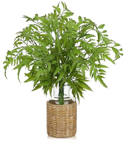 Oairse Faux Greenery Stems in Vase Aritificial Fern Plant in Glass Vase with Faux Water & Woven Cover Small Fake Desk Plants Greenery Centerpieces for Farmhouse Kitchen Dinner Tables Shelves Decor