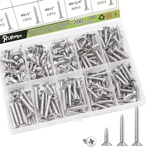 200PCS 304 Stainless Steel High Hardness Wood Screws Assortment Kit, 3 Sizes #8×1/2,#8×3/4,#8×1,Phillips Drive Flat Head, Wood Screws, Screws, Assorted Screws, Screws Set,Sheet Metal Screws