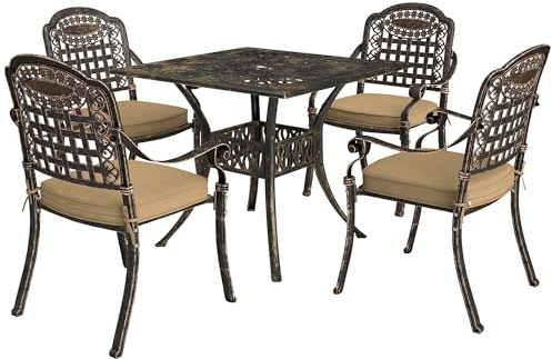 Outsunny 5 Pieces Cast Aluminium Garden Dining Set, 4 Seater Garden Table and Chairs with Parasol Hole, Outdoor Garden Furniture Set with Cushions for Patio, Bronze Tone