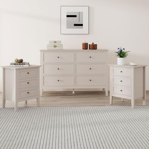 Melody Maison Large 6 Drawer Chest of Drawers and Pair of 3 Drawer Bedside Tables - Rowley Taupe Grey Range