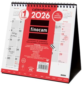 Finocam - Skrivbordskalender för att skriva 2026 med flikar, månad Vista januari - december 2026 (12 månader) | 2026-kalender för anteckning | Neutro månadsplanerare