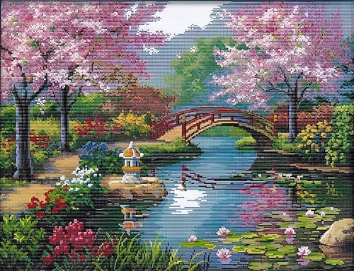 RESTEQ Sakura, korsstygn broderi, 50 x 40 cm, med trådar, nålar och körsbärsblommor