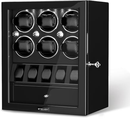 XTELARY Caja giratoria para Relojes con Cerradura para 2/4/6/8 con Espacio de Almacenamiento, cajón de Almacenamiento, 4 Modos de rotación, luz LED Blanca, Motor supersilencioso y cojín de Reloj de