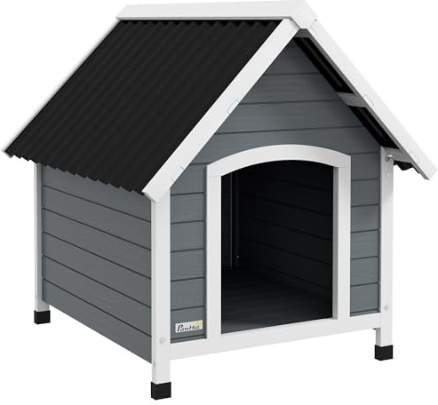 PawHut Hundehütte aus Holz Kleintierhaus mit Asphaltdach Outdoor Hundehöhle korrosionsbeständig Hundehaus mit herausnehmbarem Boden für mittelgroße Hunde 75 x 88 x 82 cm Grau