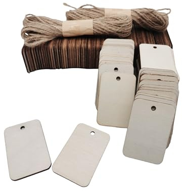 200 etichette regalo in legno grezzo per artigianato, 7,6 cm x 3,6 cm, arrotondate, rettangolari, con cordini, etichette in legno naturale