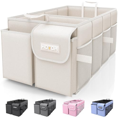 HOTOR Car Boot Oganiser - Auto Trunk Organizer Collapsible 2 Compartments | Large-Capacity, Foldable Boot Storage for SUVs, Sturdy Car Accessories for Men Camping Tools, Beige, 54.0 x 32.0 x 27.0 cm