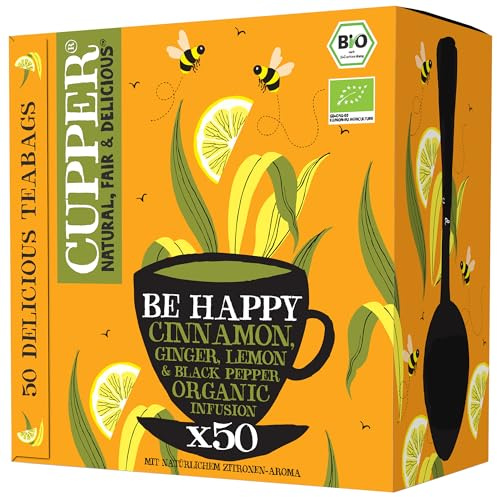 CUPPER Be Happy Infuso Biologico con Cannella, Zenzero, Limone e Pepe Nero, Tisana Energizzante con Ingredienti Naturali, Gusto Speziato, Filtri 100% Biodegradabili, Confezione da 50 Bustine