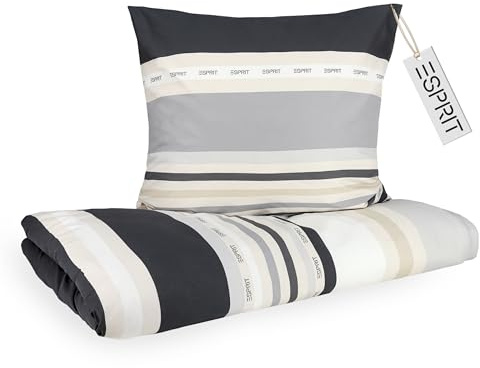 Esprit Renforcé Bettwäsche 135x200 Baumwolle grau - Boho Bettdeckenbezug + Kopfkissenbezug 80x80cm - Luxus Bettwäsche 2teilig in Hotelqualität atmungsaktiv - Duvet Cover Cotton Herbst Öko-Tex