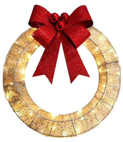 Corona Navideña, Lazo de 30 cm Corona Navidad Decoración con Luces LED Corona de Adviento con Marco de Metal y Lentejuelas Decoraciones de Navidad para Colgar en Porche Ventana Pared Chimenea