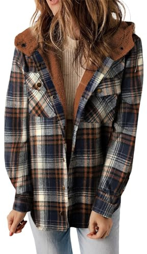 Generisch Giacca da taglialegna da donna con cappuccio, camicia da donna a quadri, lunga giacca invernale, calda foderata, in pile, a maniche lunghe, giacca casual con tasche, giacca in peluche