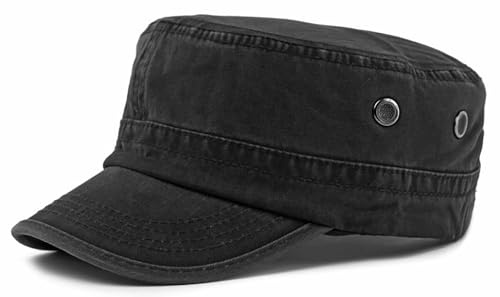 AROILIZEBO Cadet Army Cap for Men Women Washed Cotton Military Flat Top Hat Black