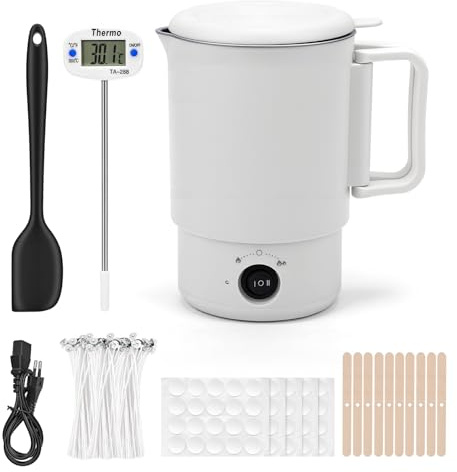 HISUEKIG Fondeur de Cire Bougie Électrique 800ml 600 W, Kit Fabrication Bougie Fondoir Cire Bougie pour la Fabrication de Bougies avec 100 Mèches, Thermometre Bougie, Cuillère à Mélanger
