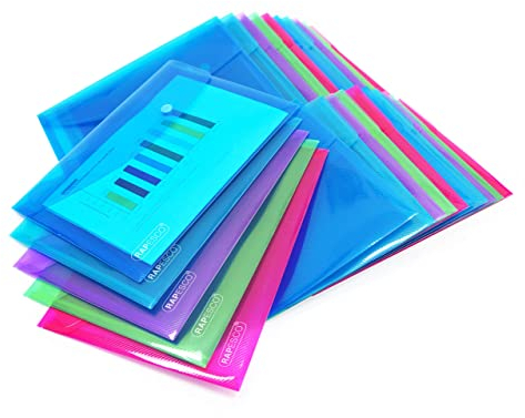 Rapesco 1498 Pochette à Bouton Pression, A5, Couleurs Transparentes Assorties, Lot de 25