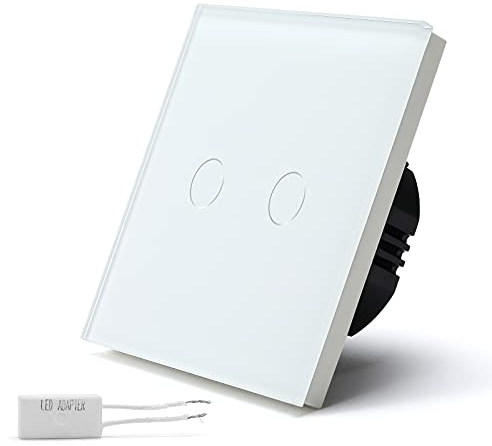 BSEED DimmSchalter für LED-Lampen, Touch Lichtschalter aus Glas, Non-wifi Schalter 700W 240V für eine perfekte Listimmungsvolle, 2 Fach 1 Weg Weiß