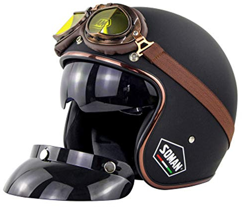 Casque Jet, Vintage Casque Face Ouverte Moto Mobylette Bols avec Style Rétro des Lunettes de Soleil et Visière, pour Chopper Cruiser Racing Mofa Pilote Vespa, ECE Homologué