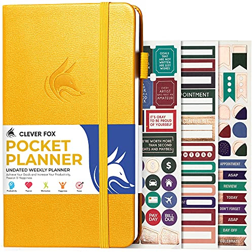 Clever Fox Planificateur de poche hebdomadaire, planificateur d'objectifs mensuels non datés et calendrier, parfait pour sac à main, 10 x 17,5 cm (jaune ambré)